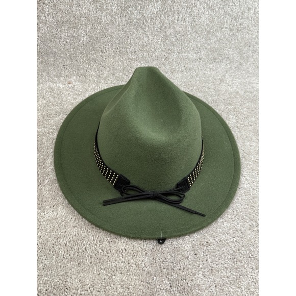 Olive Green Fedora Hat with Gold Studded Band and Faux Suede Bow Time and Tru - Picture 1 of 7